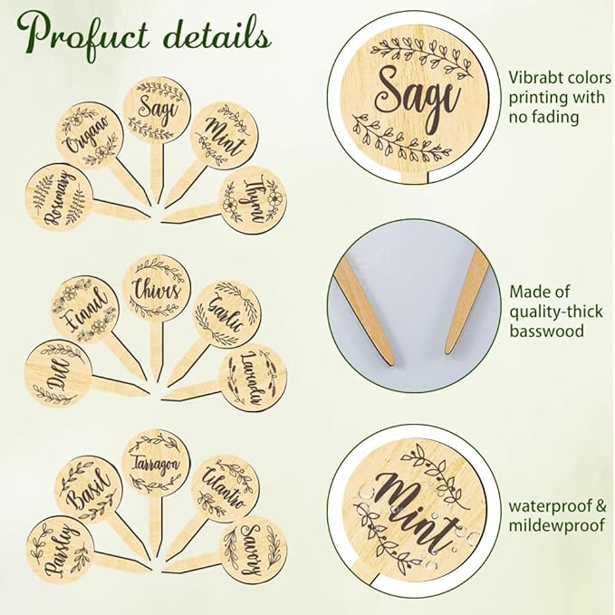arricraft 15 Pcs Herb Plant Labels, Wooden Markers Round Shape Tags Garden Labels with Printed Leaf Decoration Wood Garden Stakes for Indoor and Outdoor Potted Seed Herbs and Herb Unique Funny Gifts