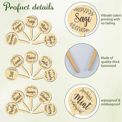 arricraft 15 Pcs Herb Plant Labels, Wooden Markers Round Shape Tags Garden Labels with Printed Leaf Decoration Wood Garden Stakes for Indoor and Outdoor Potted Seed Herbs and Herb Unique Funny Gifts