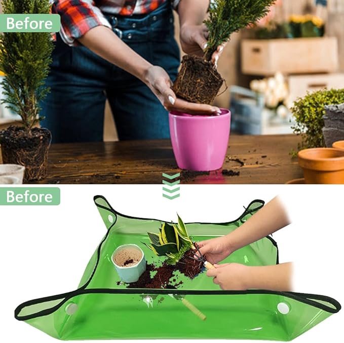 Large 39.4"*39.4" Repotting Mat for Indoor Plants Transplanting, Waterproof Heavy Duty Potting Tray for Mess Control, Succulent Potting, Gardening Mat, Patio Bonsai Tools, Clear Green