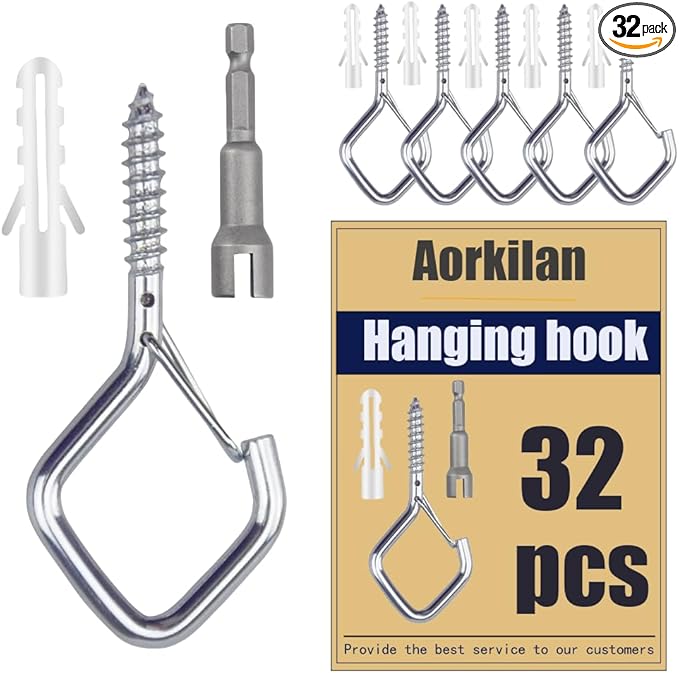 32-Pack Heavy-Duty Silver Screw Eye Hooks with Safety Clips | Metal Ceiling Hooks for Hanging Plants, Wind Chimes, Bird Feeders & Indoor/Outdoor Lights