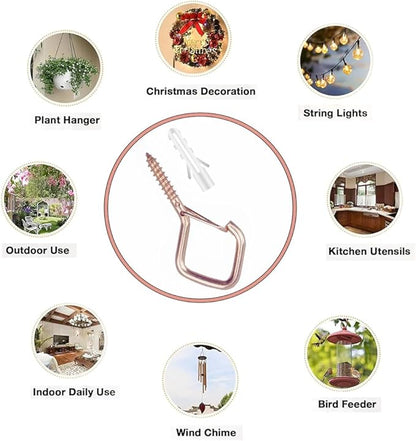 12-Pack Heavy-Duty Rose Gold Screw Eye Hooks with Safety Clips | Metal Ceiling Hooks for Hanging Plants, Wind Chimes, Bird Feeders & Indoor/Outdoor Lights