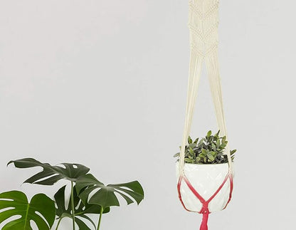 LIVALAYA Macrame Plant Hangers Wall Planter - Red Ombre 48 Inch, for Indoor or Outdoor, 100% Cotton Rope Hanging Plant Holder with Tassel for Flower Pots and Succulents - Modern Boho Home Décor