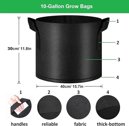 10-Gallon Grow Bags, (10 Pack) Thickened Aeration Fabric Growing Pots Planters with Handles for Planting Vegetables Plants, Black