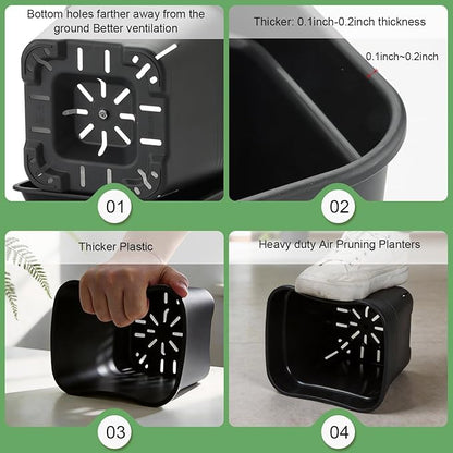 8'' Square Planters with Trays - 6 Pack Heavy Duty Plastic Plant Pots, 24 Strip Drainage Holes for Root Aeration & Prevention of Root Rot, Raised Bottom Airflow Center, BPA-Free Black Flower Pots
