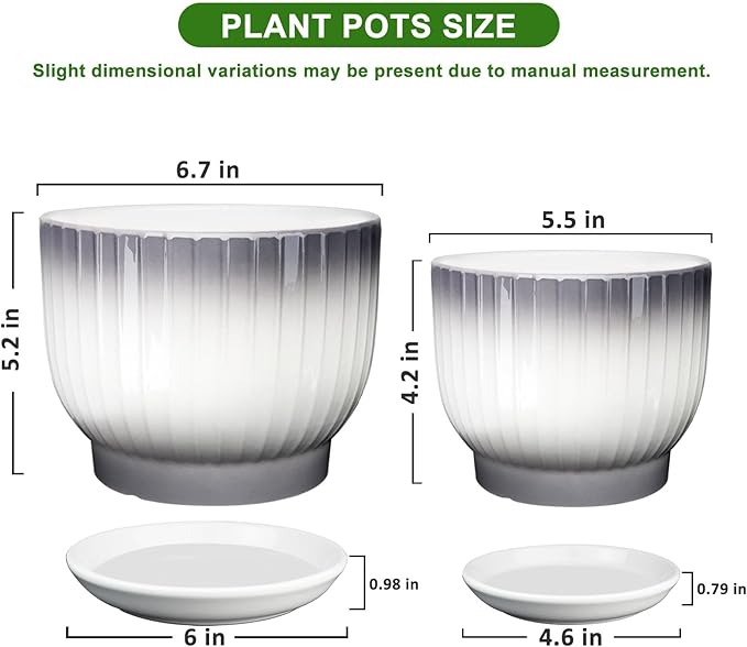 6.7 + 5.5 Inch Ceramic Plant Pots,Planters with Drainage and Saucer,Indoor Pots for Plants,Modern Flower Pots for Home and Office（Gray + White）