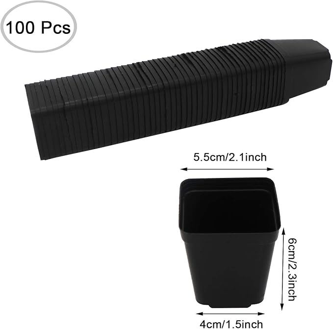 Pastic Nursery Pots Square Plant Pot 100 Pcs Durable Balck Starter Container for Starting Seedlings or Succulents (2.2 Inch)