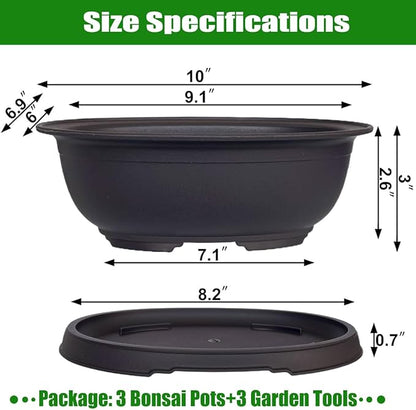 MUZHI 3 Pack Oval Bonsai Pot with Drainage Tray, Matte Finish Plastic Bonsai Growing Planters with Tools for Home Garden Plant Container (9.1" Large)