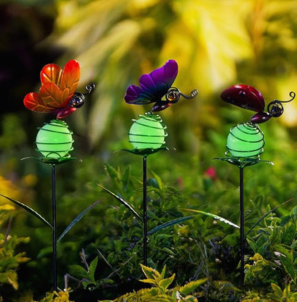 Stargarden Decorative Garden Stakes, 3 Pack Colorful Metal Garden Stakes, Luminous Butterfly Insect Metal Yard Art, Waterproof Garden Decor for Indoor, Outdoor