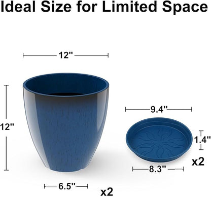 GameXcel Flower Pot Indoor - Outdoor Plant Pot - Navy Blue Glossy Planter - Elegant Ceramics Imitation - 12" Diameter 12" Tall with Drainage Holes and Saucer 2 Pack