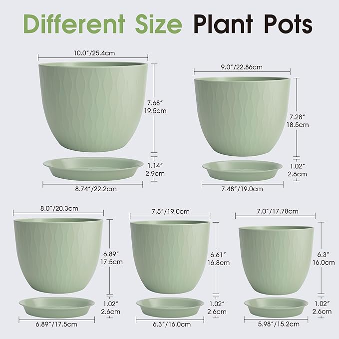 GARDIFE Plant Pots 10/9/8/7.5/7 Inch Plant Pots, Set of 5 Plastic Planters with Drainage Holes and Saucers,Plastic Flower Pots,Nursery Planting Pot for Indoor Out Door Plants (Green)