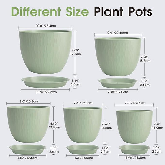 GARDIFE Plant Pots 10/9/8/7.5/7 Inch Plant Pots, Set of 5 Plastic Planters with Drainage Holes and Saucers,Plastic Flower Pots,Nursery Planting Pot for Indoor Out Door Plants (Green)