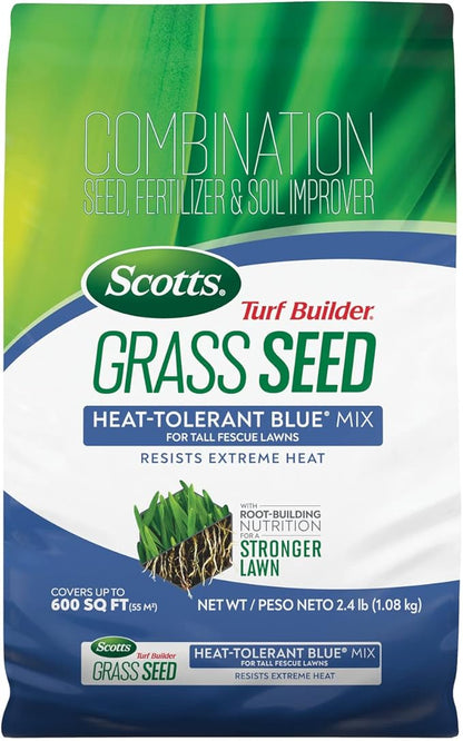 Scotts Turf Builder Grass Seed Heat-Tolerant Blue Mix for Tall Fescue Lawns with Fertilizer and Soil Improver, 2.4 lbs.