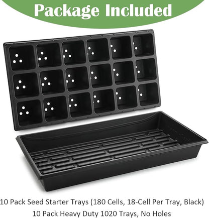 10 Pack 3 Inch Square Pots 2.9" Deep 18 Big Cell Seedling Trays with 10 Pack Water Collection Nursery 1020 Trays No Holes for Seeds Starting and Transplanting (20"x10",10 Sets)