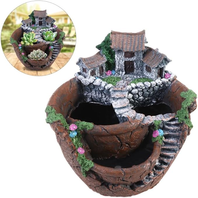 OUNONA Fairy Garden Planter Creative Flower Pot Holders with Hanging Garden Design Micro Landscape Succulent Plants for Indoor and Outdoor Plant Decor 3-Pot Planter with Sweet House for Desk Balcony