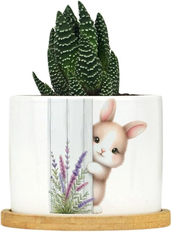 DreamAutumn Easter Bunny Peeking Ceramic Pots for Plants with Drainage Holes Round Flower Pot Bamboo Tray Orchid Pot Succulents Pots for Outdoor Indoor Plants