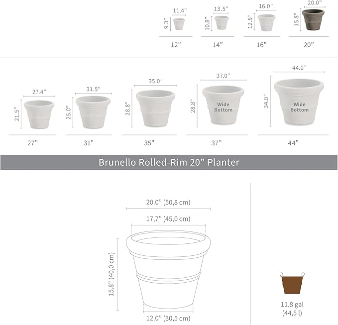 Crescent Garden Brunello Classic Rolled Rim Planter Pot, Indoor/Outdoor Weather-Safe Round Plant Pot, 20'' (Weathered Concrete)