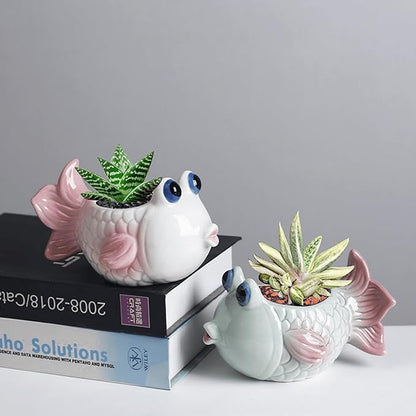2 PCS Cute Succulent Planter Pot, Ceramic Cactus Flower Container, Small Unique Indoor Air Plants Holder (1White and 1Green)