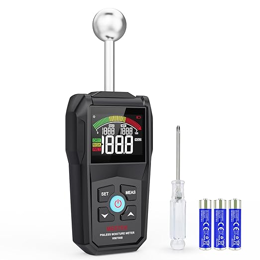 MESTEK Pinless Moisture Meter for Wood, Walls & Drywall, Digital Moisture Detector, Concrete Moisture Meter & Firewood Reader, Detects up to 40mm Below Surface with 3-Color LCD Display, Audible Alarm