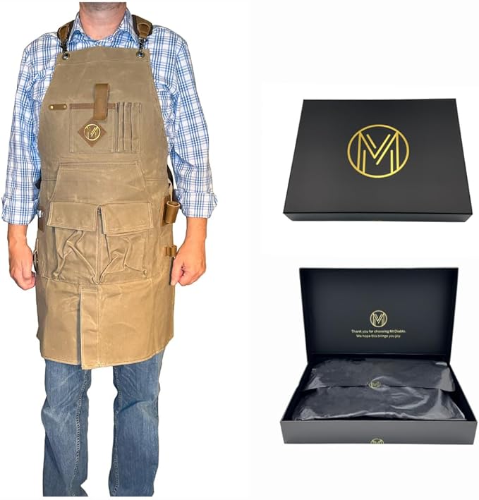 Mt Diablo 16oz - Woodworking Apron - Work Apron with Duck Weave Paraffin Waxed Canvas, Genuine Leather - Fits XS-XL