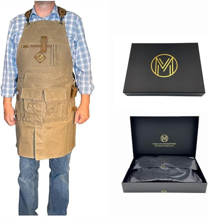 Mt Diablo 16oz - Woodworking Apron - Work Apron with Duck Weave Paraffin Waxed Canvas, Genuine Leather - Fits XS-XL