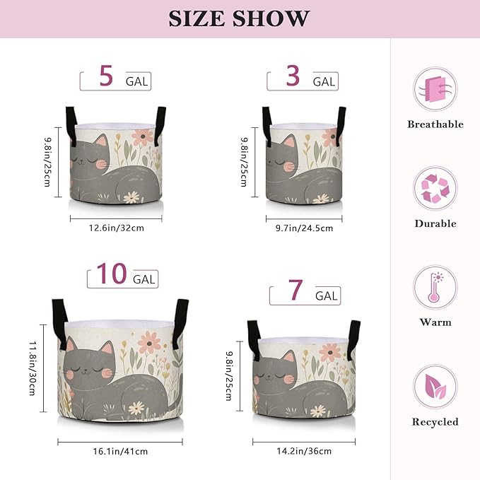 Fabric Plant Grow Bags Cartoon Grey Cat, 7Gallon Cloth Planting Pouch Flower Pot Thickened for Garden Vegetable Flower Planting