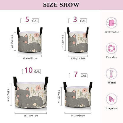 Fabric Plant Grow Bags Cartoon Grey Cat, 5Gallon Cloth Planting Pouch Flower Pot Thickened for Garden Vegetable Flower Planting