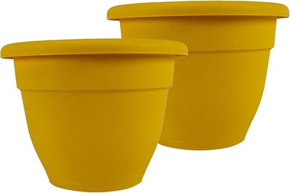 The HC Companies 12 Inch Caribbean Planter Pots with Drainage & Plug, Rolled Rim Plastic Planters for Indoor & Outdoor Plants, 2-Pack Decorative Flower Pots for Garden, Office & Home Decor, Honey