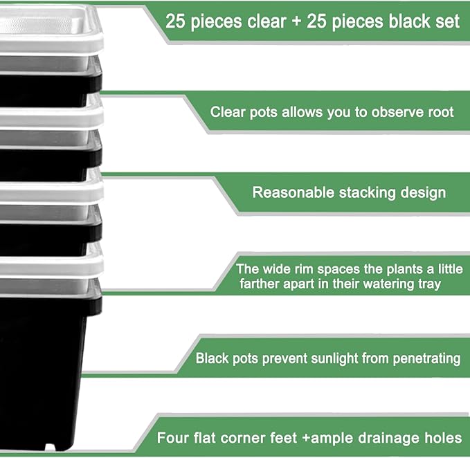 2 Inch Square Plant Nursery Pots (Black+Clear),50Pcs Seedling Planter Seed Starter Pots,Sturdy Small Plastic Pots with Drainage Holes