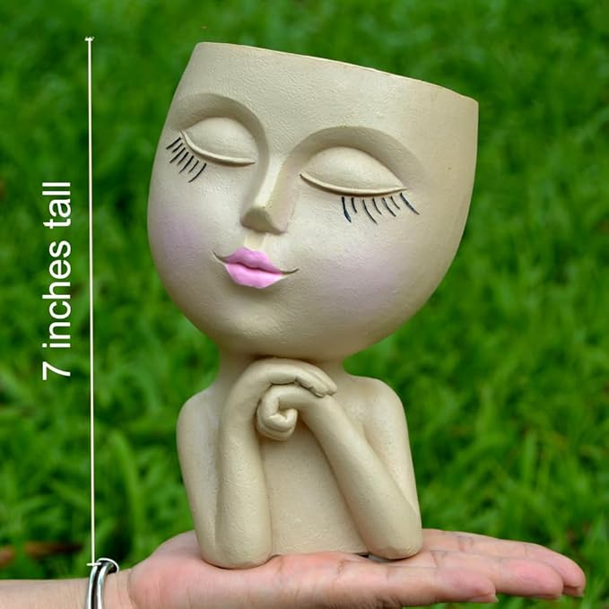 Face Head Planter, Funny Heads Plant Pots, Cute Girl Faces Plant Pot, Decorative Flower Pots, Cute Succulent Pots with Drainage for Home Garden Decor, Plant Lover's Gifts for Women (7" Khaki)