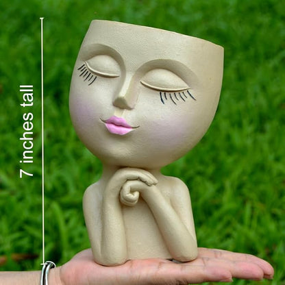 Face Head Planter, Funny Heads Plant Pots, Cute Girl Faces Plant Pot, Decorative Flower Pots, Cute Succulent Pots with Drainage for Home Garden Decor, Plant Lover's Gifts for Women (7" Khaki)