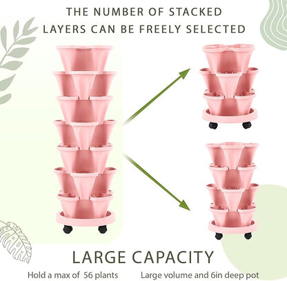 Umigy 2 Set of 7 Tier Vertical Planter Stackable Tower Planters Strawberry Herb Flower and Vegetable Pots Indoor Outdoor Gardening Pots with Removable Wheels and Tools(Pink)