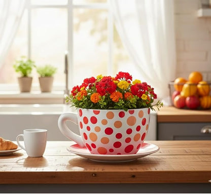 7.5" Round Ceramic Teacup Shape Planter Pot with Saucer for Succulents Orchids Herbs Cactus Indoor Houseplants Flowers for Valentines Day Gift – Orange Polka Dot Planter