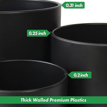 D'vine Dev 6.5 Inch 8 Inch 10 Inch, Set of 3 Plastic Planter Pots for Plants with Drainage Hole and Seamless Saucers, Black Color, Large, 74-V-B-4
