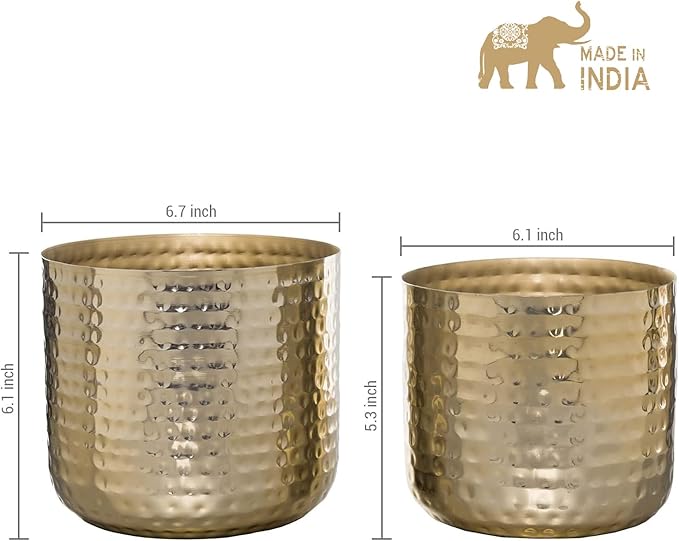 MyGift Modern Hammered Brass Plated Metal Planter Pots – Set of 2 Indoor Plant Containers, 6 & 5-Inch Cylindrical Metallic Planters – Handcrafted in India