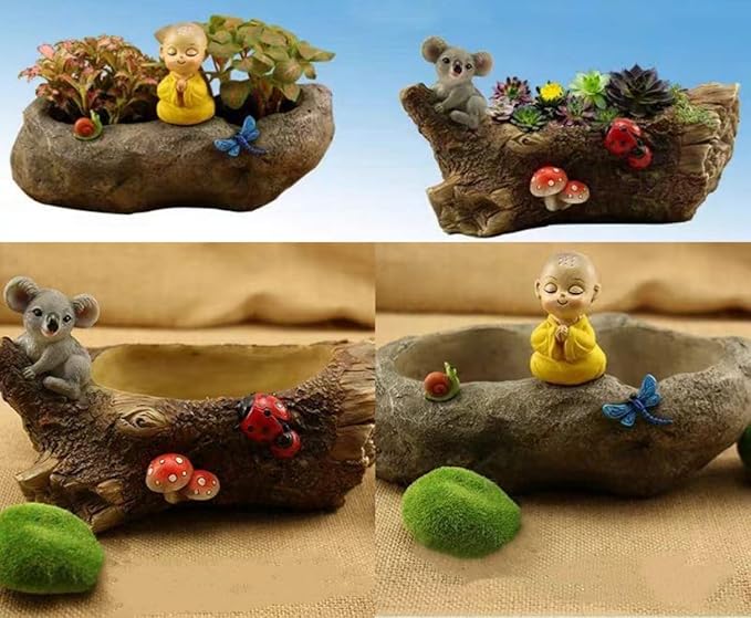 Fantasee Succulent Pot, Small Garden Pots with Drainage Hole, Resin Plants Flower Pots Miniature Ornaments for Home Office Decor (Stone - Little Monk)