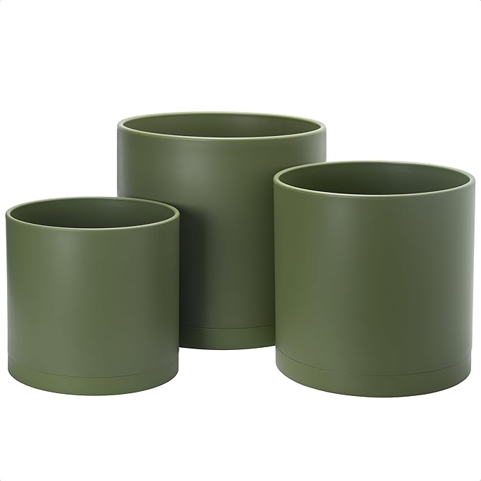 D'vine Dev 10 Inch 12 Inch 14 Inch, Set of 3 Plastic Planter Pots for Plants with Drainage Hole and Seamless Saucers, Olive, XX-Large, 74-V-I-6