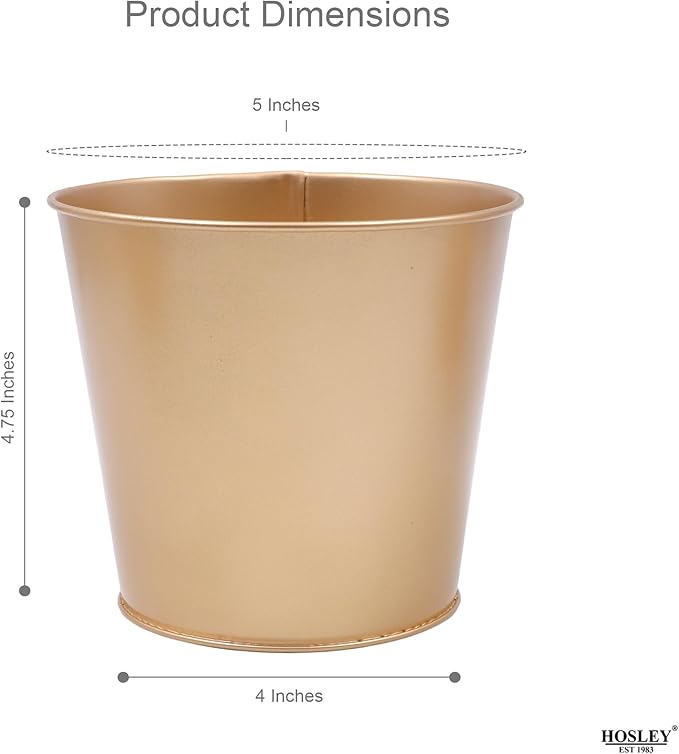 Hosley Set of 3 Gold Finish Bucket/Pots with PVC Liner 5" Dia x 4.75" H, Ideal Gift for Floral Arrangements Wedding Home Office Party DIY Indoor Outdoor Garden Patio