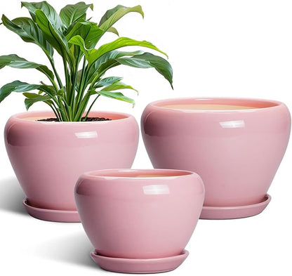 Ceramic Planters, 10+8+6 Inch Ceramic Plant Pots with Drainage Holes and Saucers, Flower Pots for Indoor Outdoor Plants, Modern Round Planter, Office Decor, Plant Lover Gifts, Set of 3, Pink