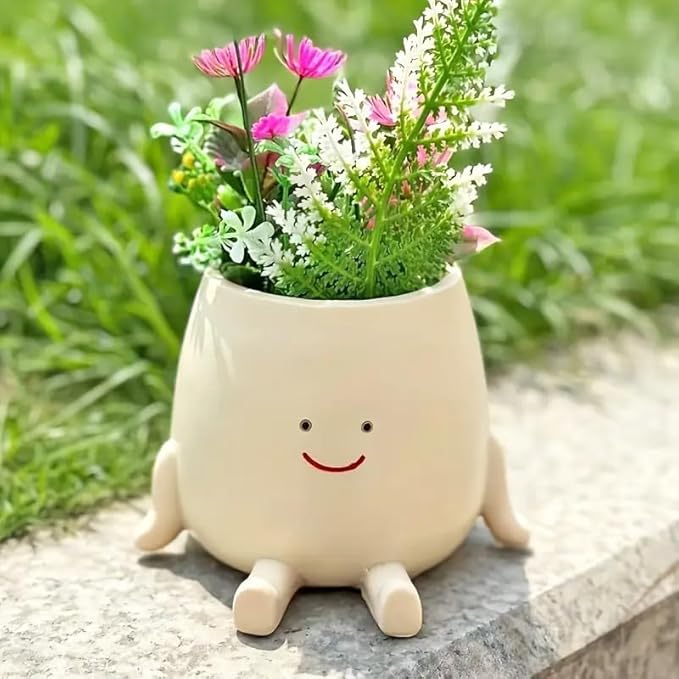 Smiley Face Planter Pot – Small Cute Resin Flower Head Planter with Drainage Hole, Succulent Pot for Indoor & Outdoor Home Décor