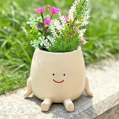 Smiley Face Planter Pot – Small Cute Resin Flower Head Planter with Drainage Hole, Succulent Pot for Indoor & Outdoor Home Décor