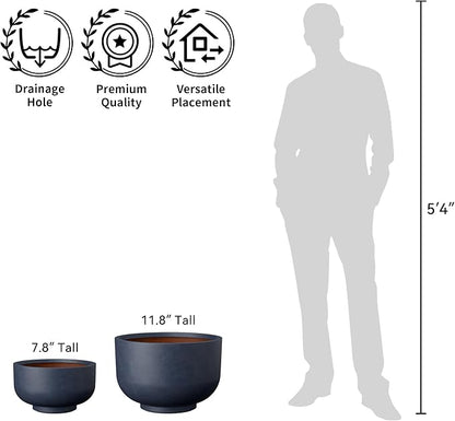 Kante 13.8 Inch Dia Concrete Bowl Planter, Large Tapered Bottom Plant Pot with Drainage, Smooth Charcoal Finish with Painted Interior, Ideal for Porch, Home, Garden, Patio