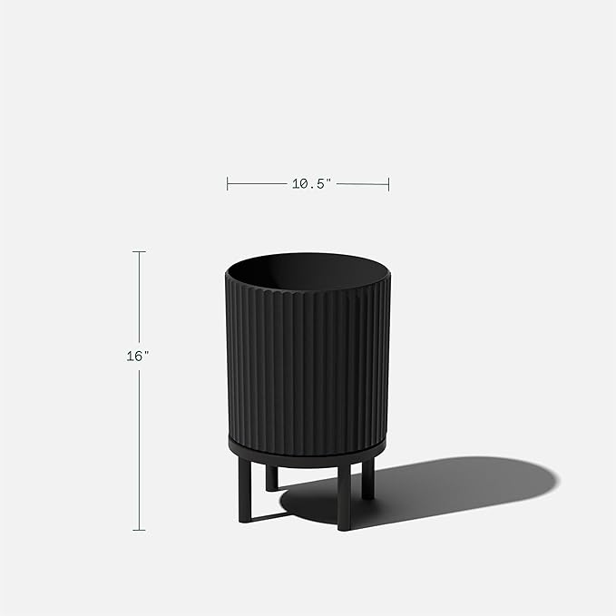 Veradek Demi Series Round Planter w/Stand for Porch/Patio | Durable Plastic-Stone Composite & Wooden Stand | Modern Décor for Tall Plants, Flowers