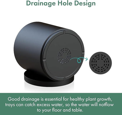 Cylinder 8 inch Plant Pots, Mordern Plastic Planters with Drainage Holes and Saucers for Indoor Outdoor Plants Flowers, Black