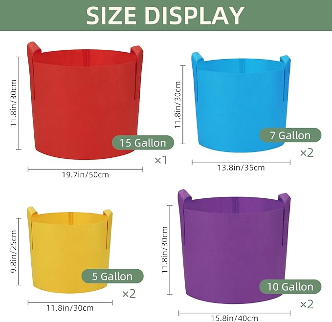 LITLANDSTAR 7 Pack Multicolor Grow Bags, Thickened Nonwoven Plant Fabric Pots with 4 Colors and 4 Sizes - 5/7/10/15 Gallon Aeration Planting Bags for Potato Tomato Carrot Strawberry