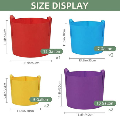 LITLANDSTAR 7 Pack Multicolor Grow Bags, Thickened Nonwoven Plant Fabric Pots with 4 Colors and 4 Sizes - 5/7/10/15 Gallon Aeration Planting Bags for Potato Tomato Carrot Strawberry