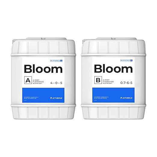 Athena Blended Bloom A&B | 2-Part Flowering Liquid Fertilizer for Hydroponics & Soil | Bloom Booster Plant Food | NPK A 4-0-5 | B 0.7-6-5 | 5 Gallon