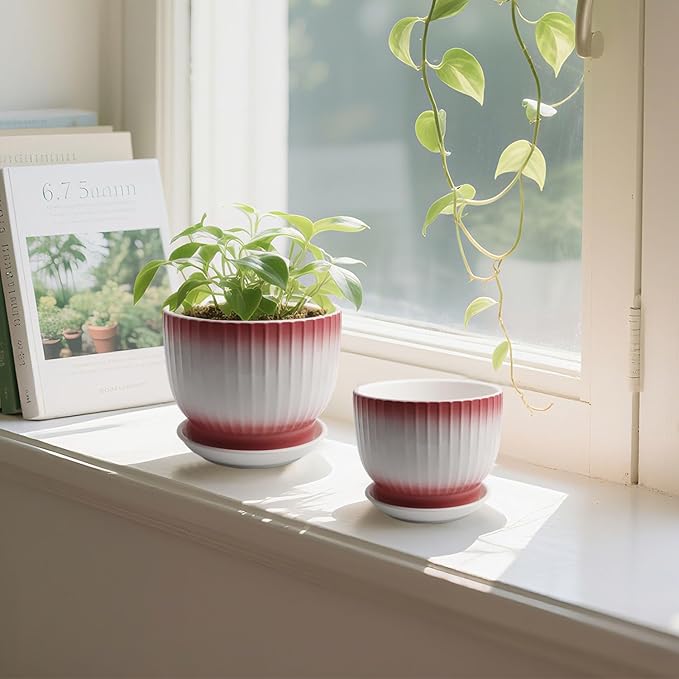 6.7 + 5.5 Inch Ceramic Plant Pots,Set of 2,Planters with Drainage Hole and Saucer,Flower pots for Indoor Plants,Elegant Design(Pink + White,