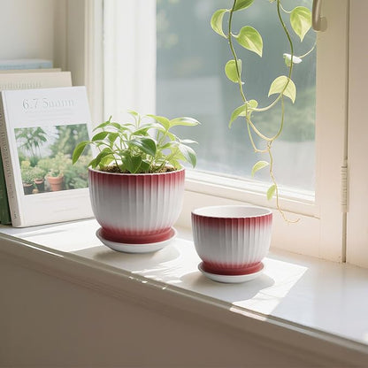 6.7 + 5.5 Inch Ceramic Plant Pots,Set of 2,Planters with Drainage Hole and Saucer,Flower pots for Indoor Plants,Elegant Design(Pink + White,