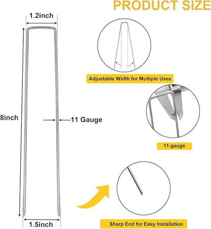 HongWay 120 Pack Landscape Staples 8 Inch, Galvanized Garden Stakes Tent Stakes Heavy Duty 11 Gauge Landscaping Fabric Pins Yard Ground Staples for Lawn, Turf, Fence, Outdoor Decorations