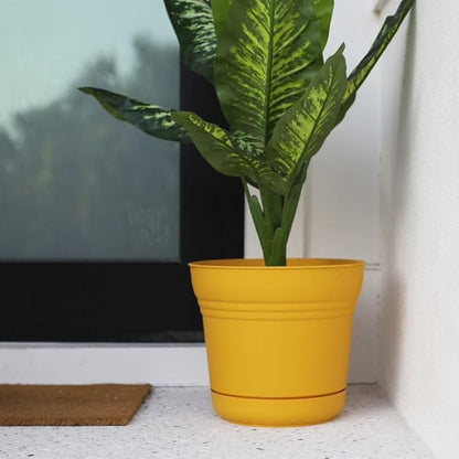 Bloem Saturn 7" Earthy Yellow Round Resin Planter Pot with Snap-in Saucer for Indoor and Outdoor Gardening